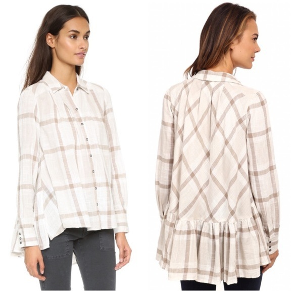 Free People Peppy Plaid Ruffle back tunic top Long Sleeve Button down size small - Picture 2 of 8